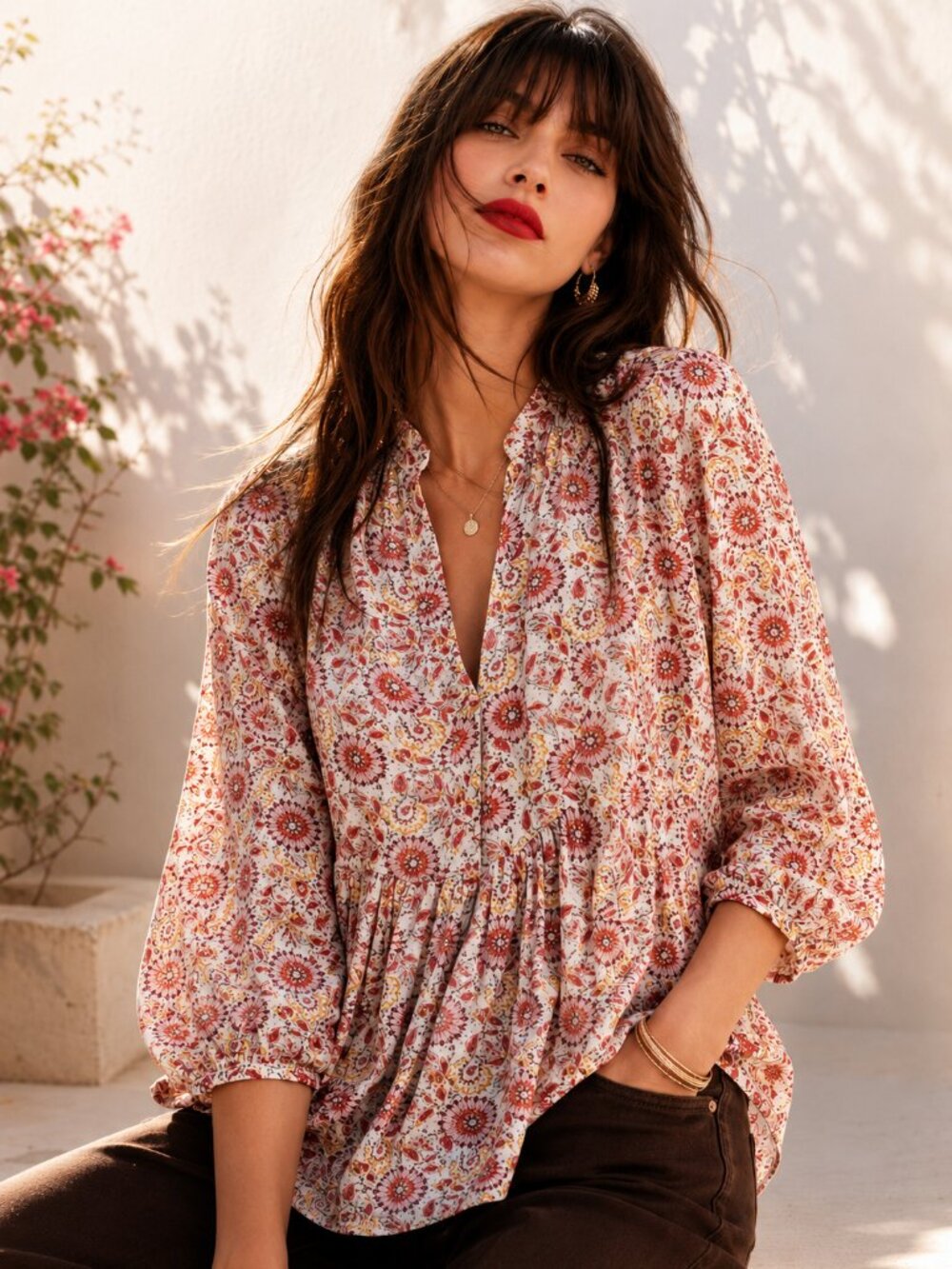 Zara XL Boho Floral Peasant Blouse 100% Viscose Balloon Sleeve Cottagecore Top